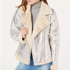 Tommy Hilfiger Metallic Silver Faux Shearling Lined Distressed Motorcycle Jacket